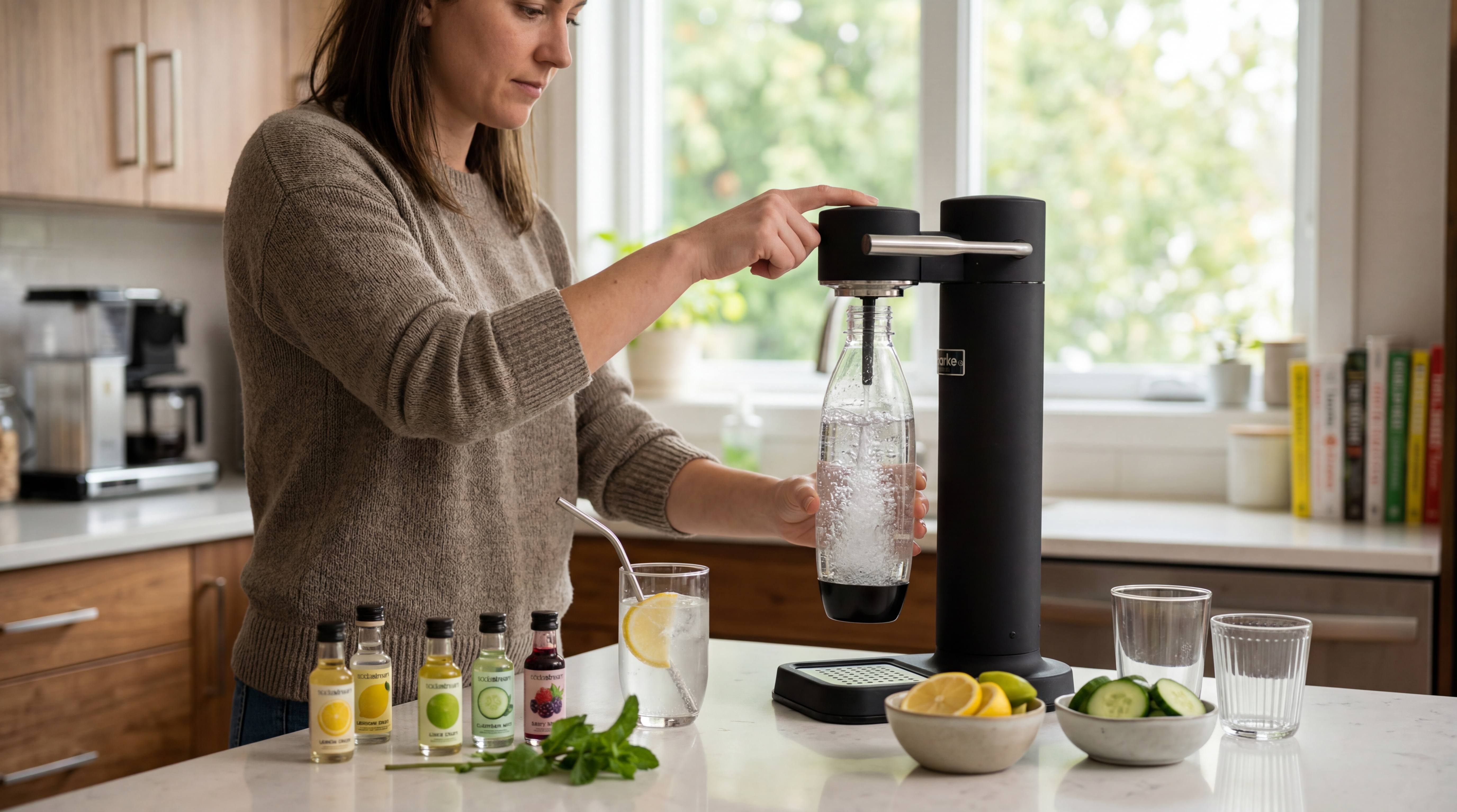 Black soda maker carbonating water on a kitchen counter with citrus slices, syrup bottles, and a freshly served sparkling drink